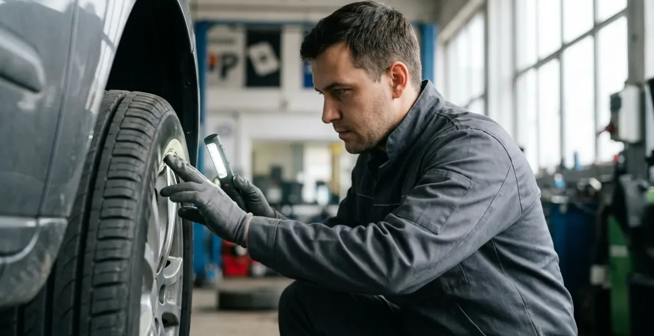 Mécanicien inspectant méticuleusement le flanc intérieur d'un pneu de voiture avec une lampe LED pour détecter une hernie invisible