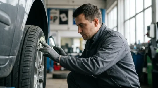 Mécanicien inspectant méticuleusement le flanc intérieur d'un pneu de voiture avec une lampe LED pour détecter une hernie invisible