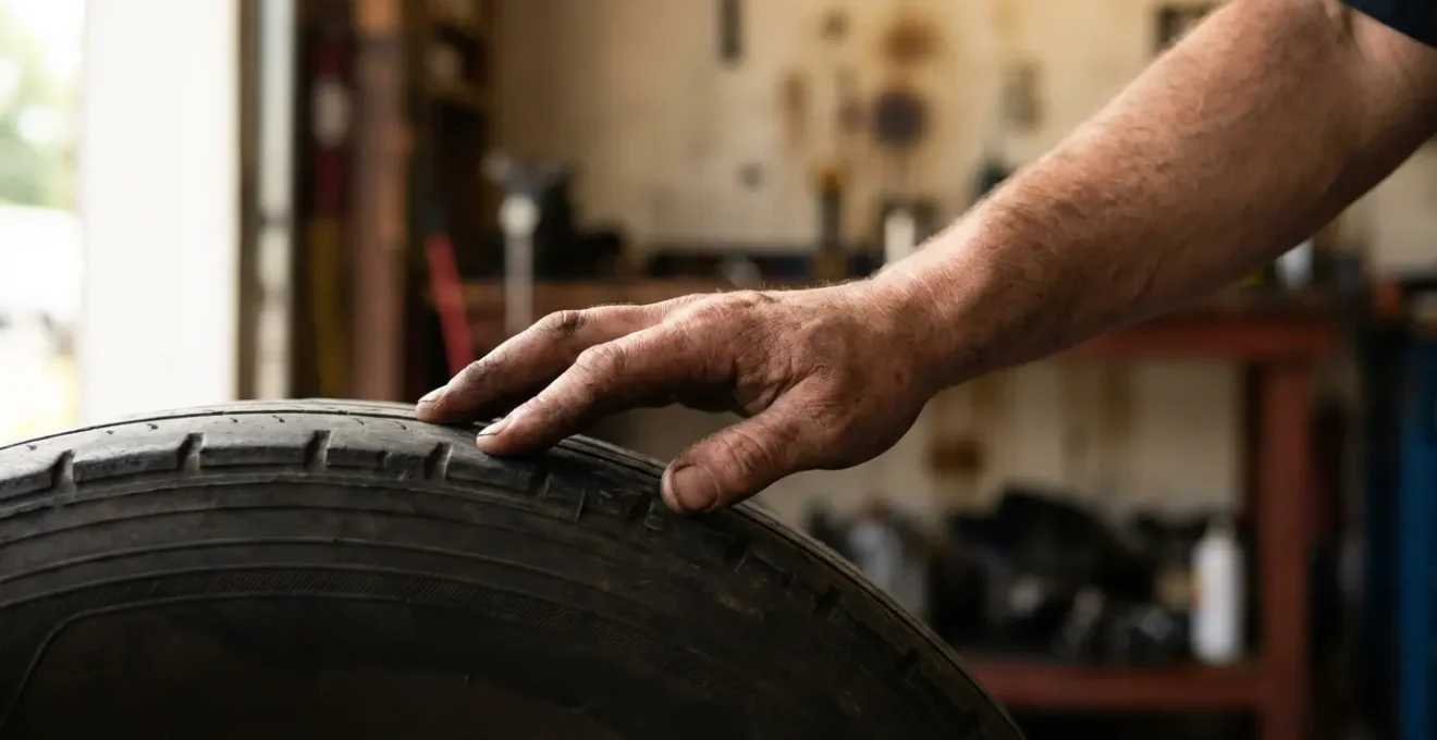 Main inspectant le flanc intérieur d'un pneu pour détecter les hernies invisibles