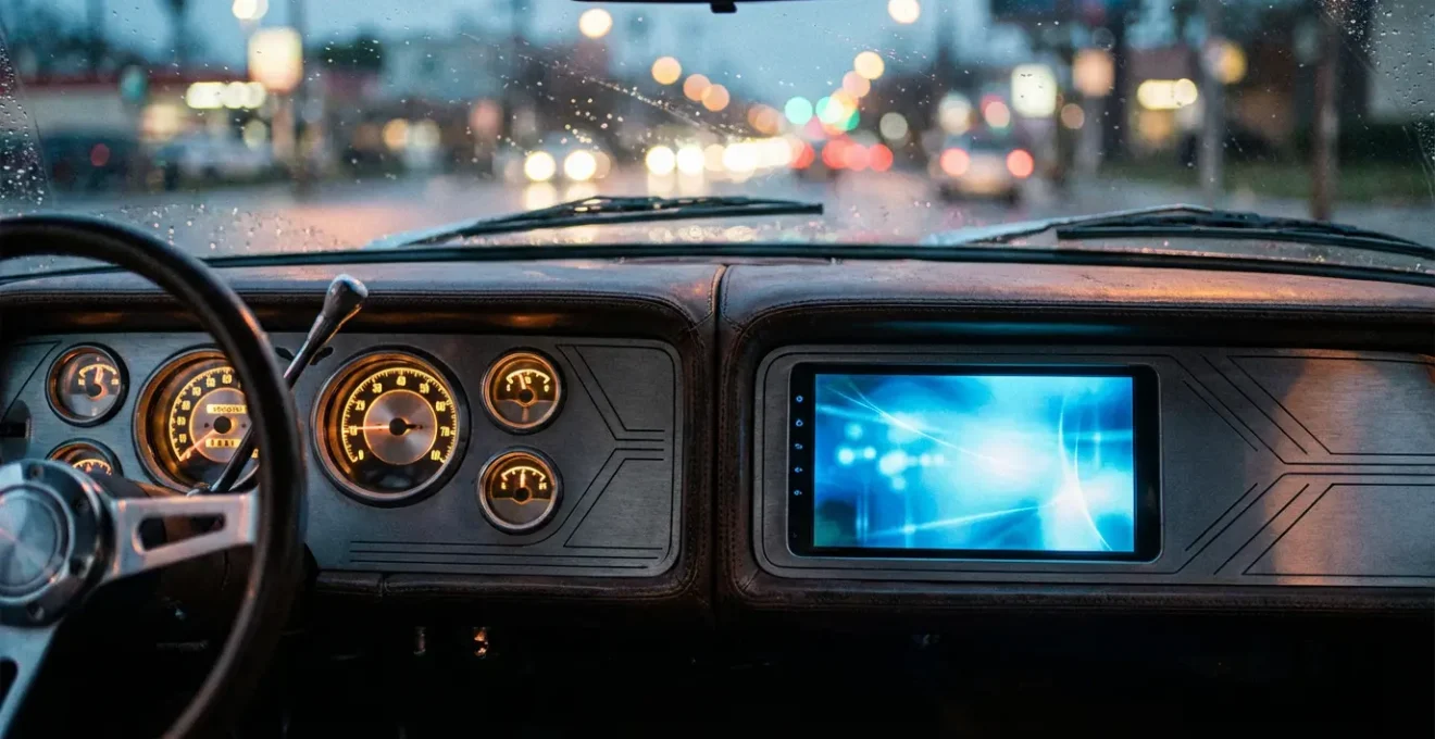 Tableau de bord de voiture ancienne avec installation moderne d'Android Auto