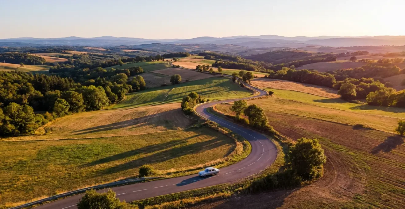 Vue aérienne d'une route de campagne sinueuse à travers les collines verdoyantes, avec une voiture sur une départementale pittoresque