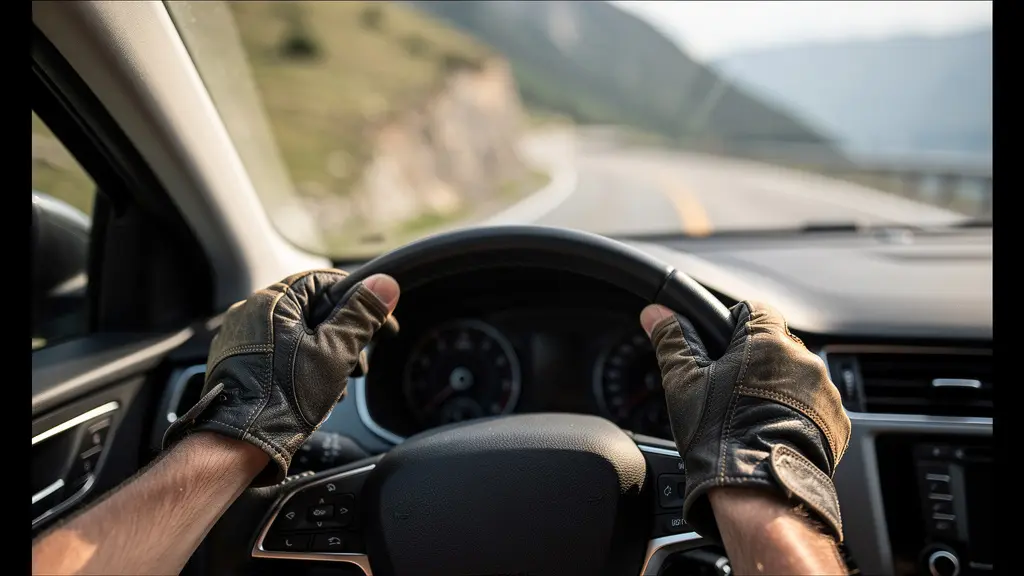 Mains positionnées à 9h15 sur un volant de voiture