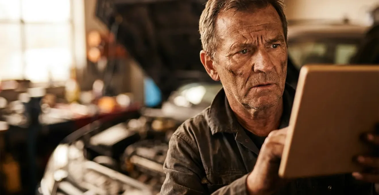 Mécanicien utilisant un outil de diagnostic électronique sur une voiture dans un garage indépendant