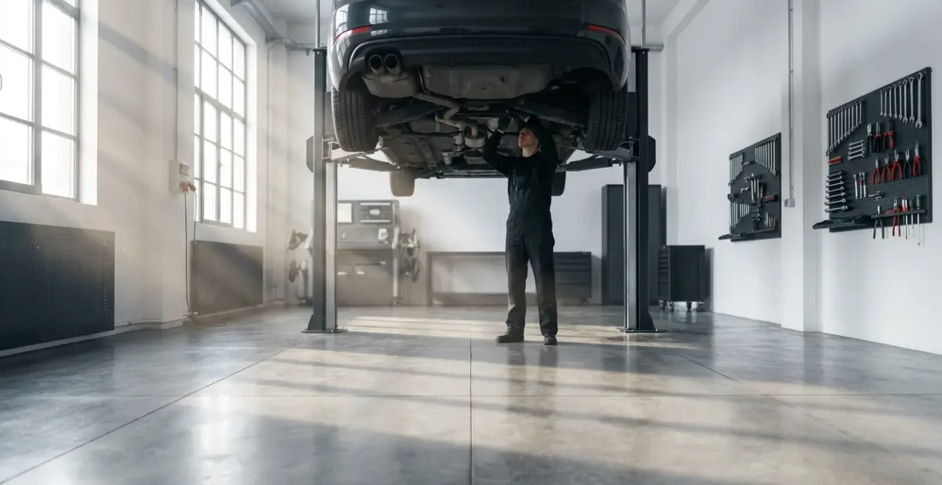 Mécanicien professionnel effectuant un diagnostic électronique sur une voiture récente dans un garage indépendant équipé d'outils modernes