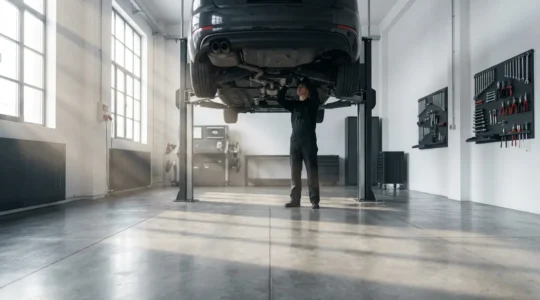 Mécanicien professionnel effectuant un diagnostic électronique sur une voiture récente dans un garage indépendant équipé d'outils modernes