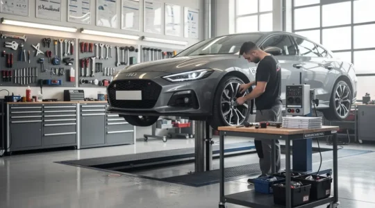 Vue artistique d'un garage moderne montrant une voiture avec des modifications légales comme des jantes sport et un éclairage LED homologué