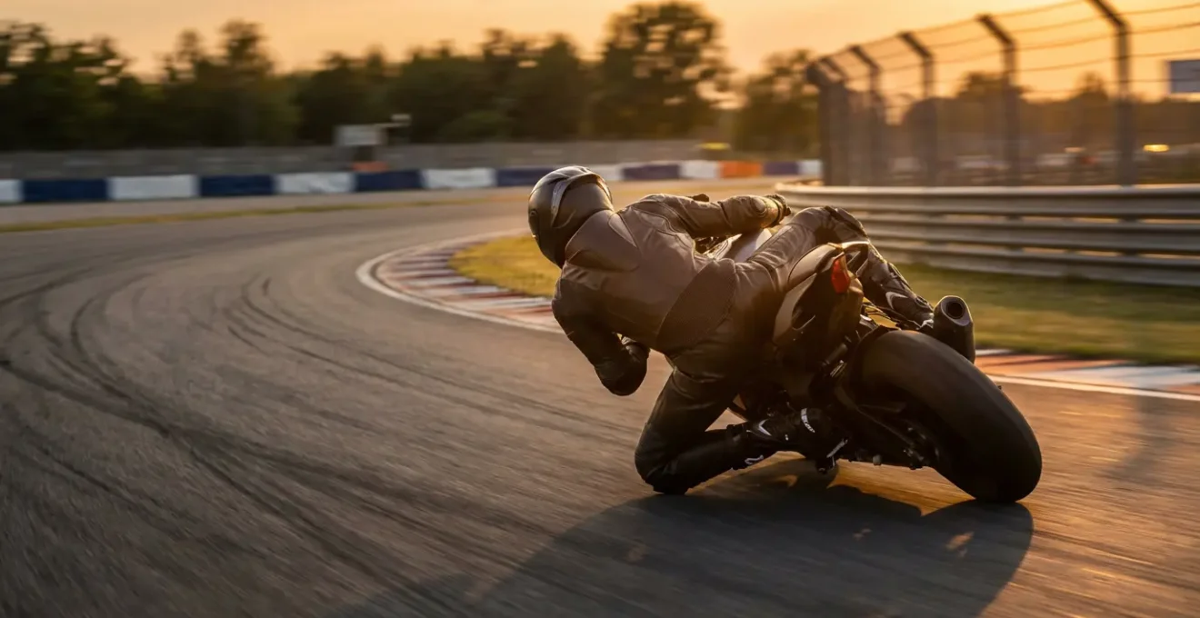 Motard en position de pilotage inclinée sur circuit professionnel avec trajectoire optimale dans un virage