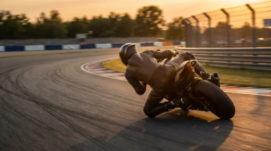 Motard en position de pilotage inclinée sur circuit professionnel avec trajectoire optimale dans un virage