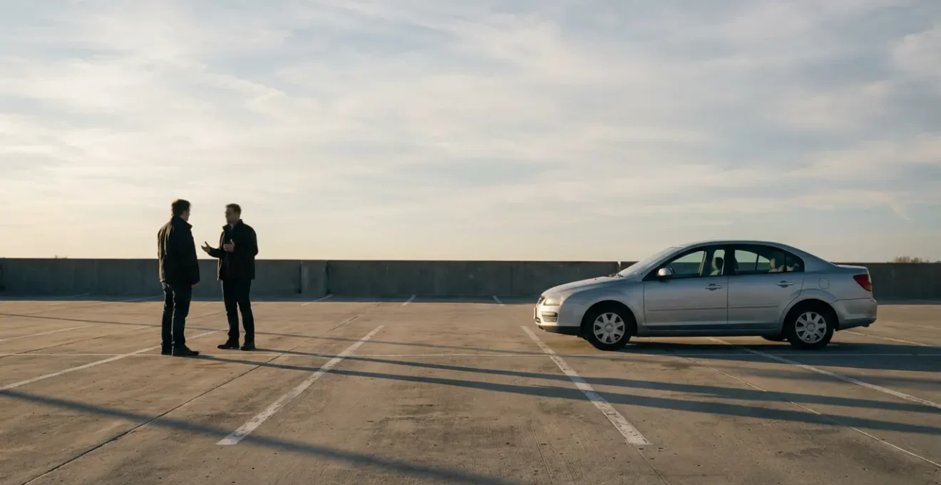 Scène de négociation entre acheteur et vendeur autour d'une voiture d'occasion dans un environnement neutre