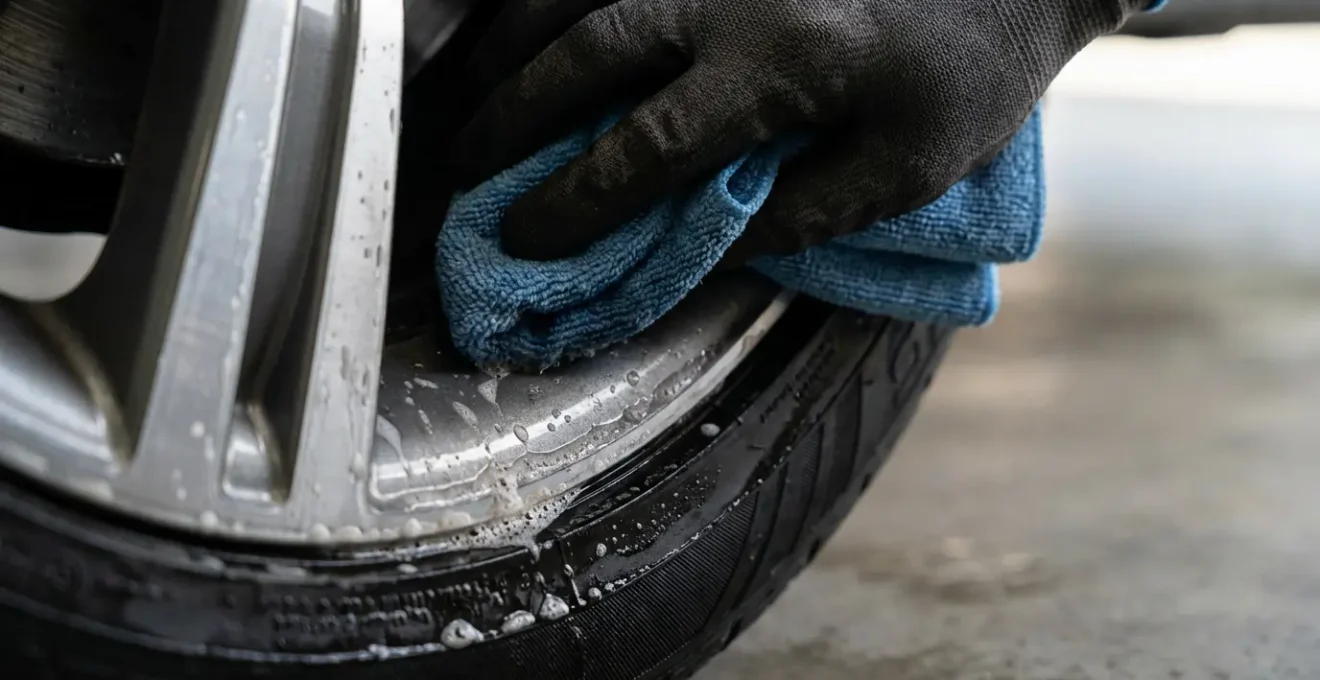 Gros plan sur une main nettoyant méticuleusement une jante et inspectant le flanc du pneu pour détecter des microfissures