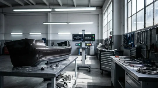 Vue détaillée d'un pare-chocs moderne avec capteurs intégrés dans un atelier de carrosserie