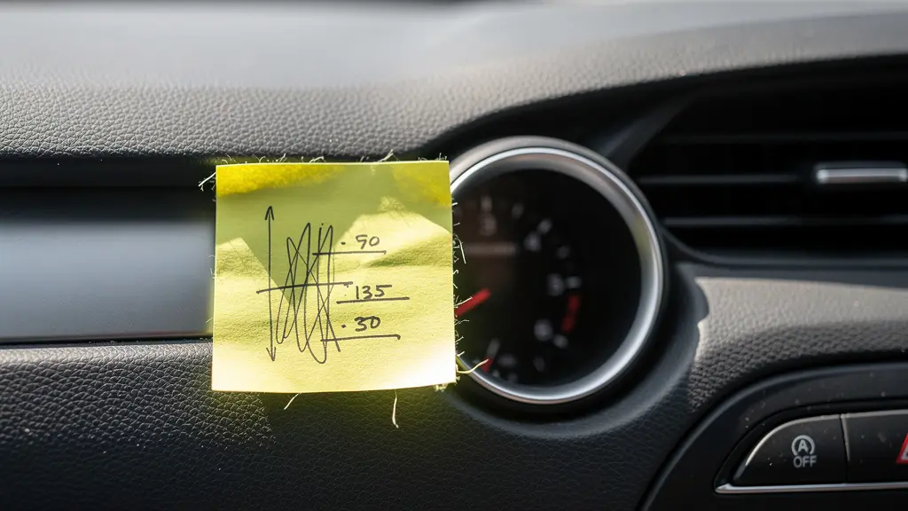 Gros plan sur un post-it jaune avec une mesure de hauteur griffonnée, collé sur le tableau de bord d'un utilitaire.
