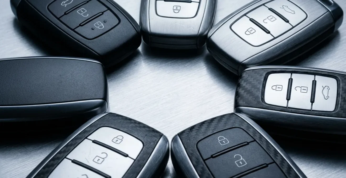 Clés de voiture disposées en cercle avec ombres suggérant différents niveaux d'accès