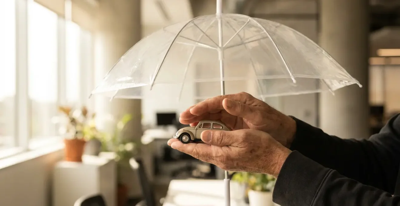 Composition symbolique montrant un parapluie protecteur au-dessus d'une clé de voiture
