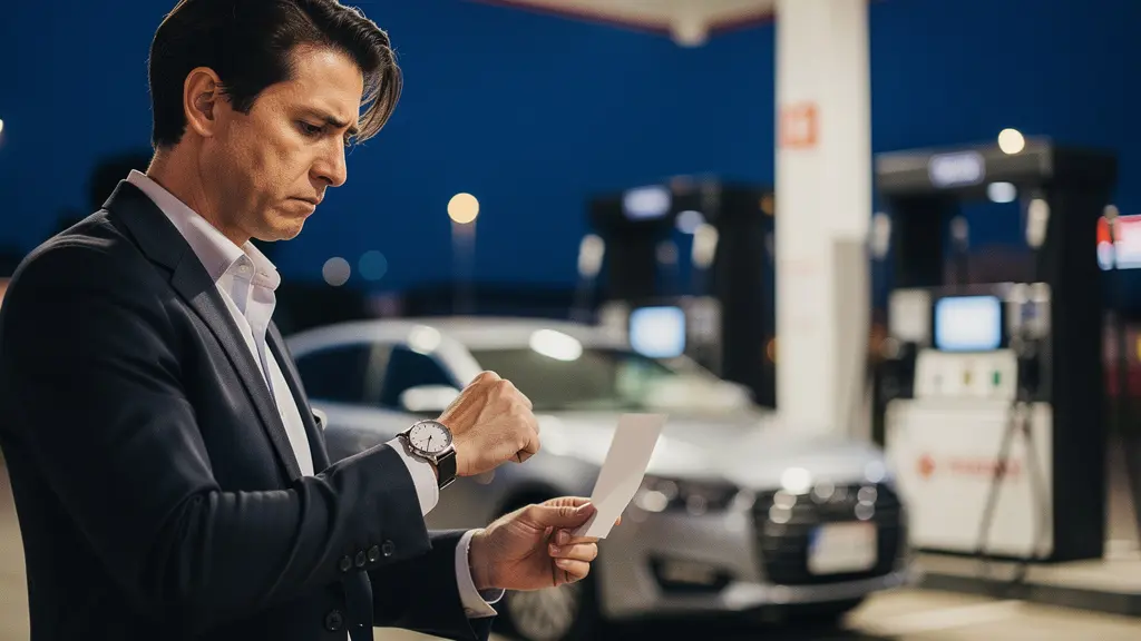 Voyageur d'affaires pressé regardant sa montre près d'une station-service illuminée la nuit avec un ticket de caisse à la main