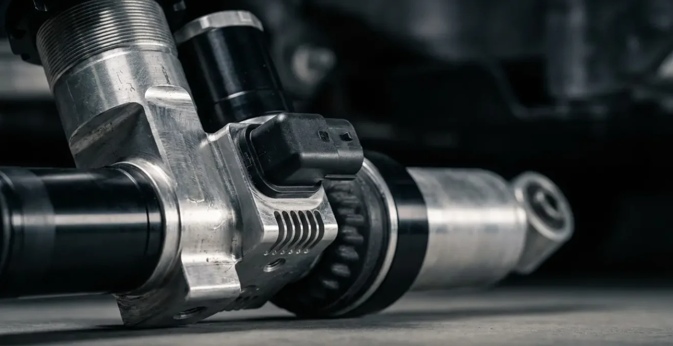 Détail macro d'un amortisseur adaptatif avec électrovanne visible sur véhicule moderne