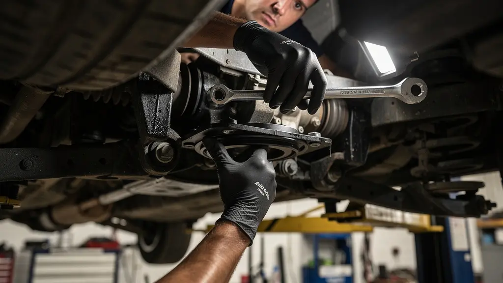 Photographie en contre-plongée montrant un système de suspension automobile professionnel