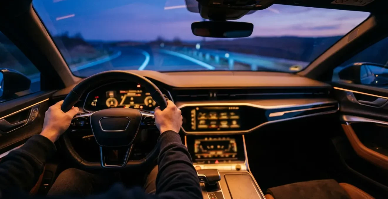 Vue conducteur d'un tableau de bord numérique moderne avec interface épurée et éléments essentiels visibles dans une ambiance nocturne