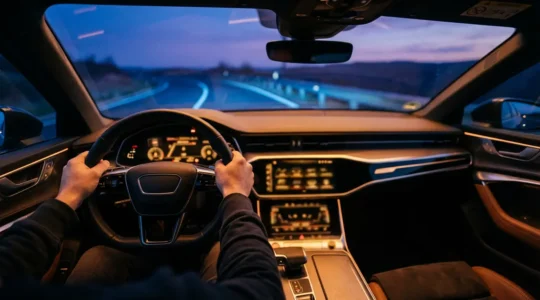 Vue conducteur d'un tableau de bord numérique moderne avec interface épurée et éléments essentiels visibles dans une ambiance nocturne