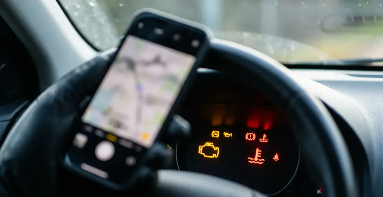 Main tenant un smartphone photographiant des voyants d'alerte allumés sur un tableau de bord de voiture