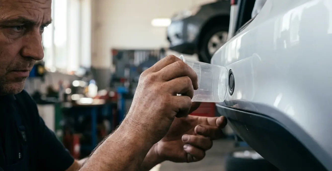 Mécanicien testant un capteur de recul avec un gobelet en plastique sur un pare-chocs