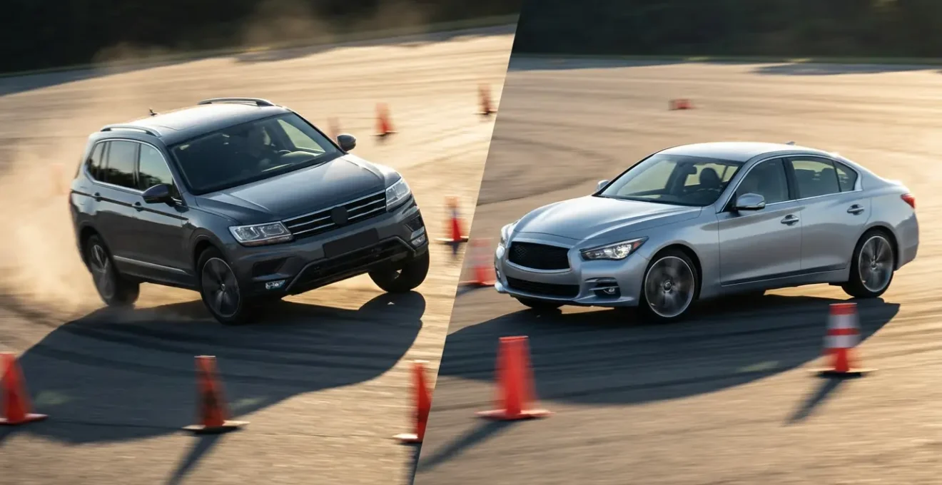 Comparaison visuelle du comportement d'un SUV et d'une berline lors d'une manœuvre d'évitement d'urgence