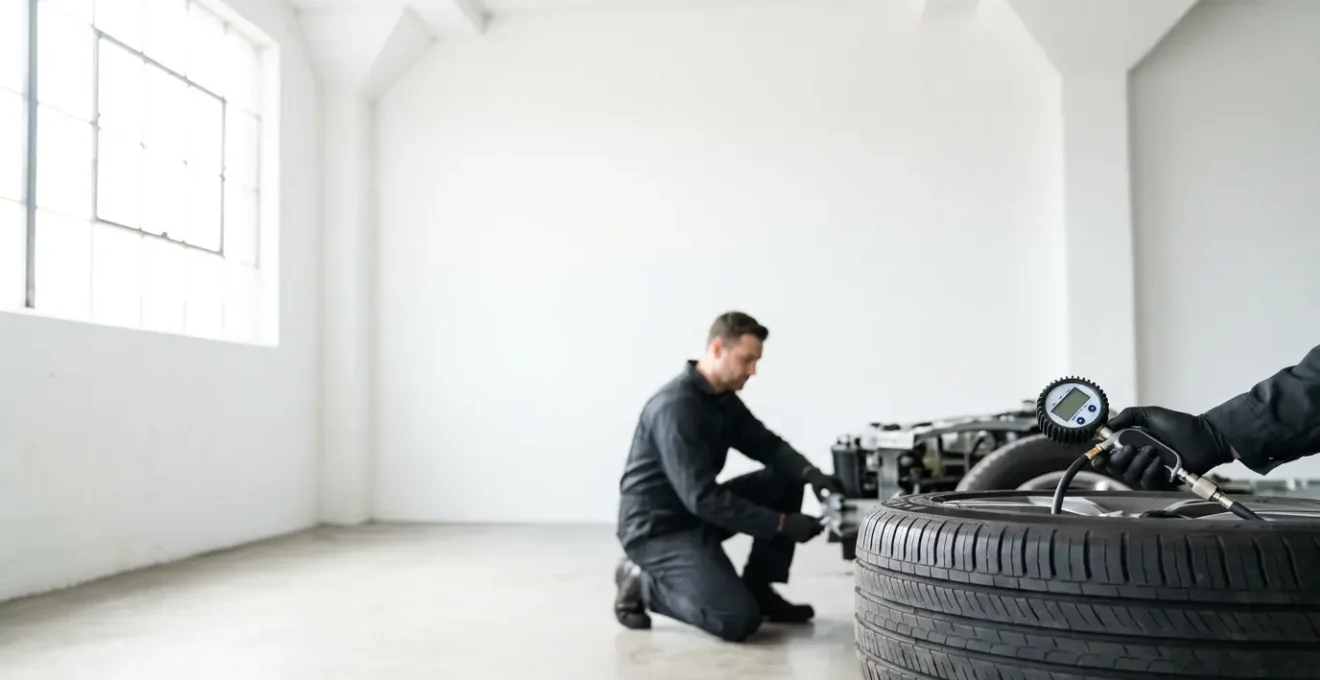 Main tenant un manomètre professionnel vérifiant la pression d'un pneu avec affichage numérique précis