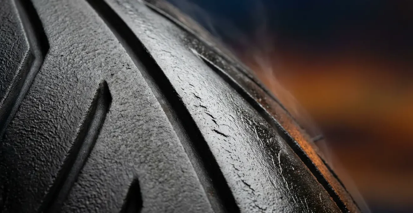 Gros plan macro sur la surface d'un pneu moto montrant la texture et les marques de température
