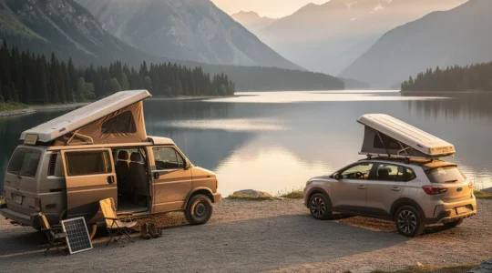 Un van aménagé avec toit relevable et une tente de toit installée, garé au bord d'un lac de montagne au coucher du soleil