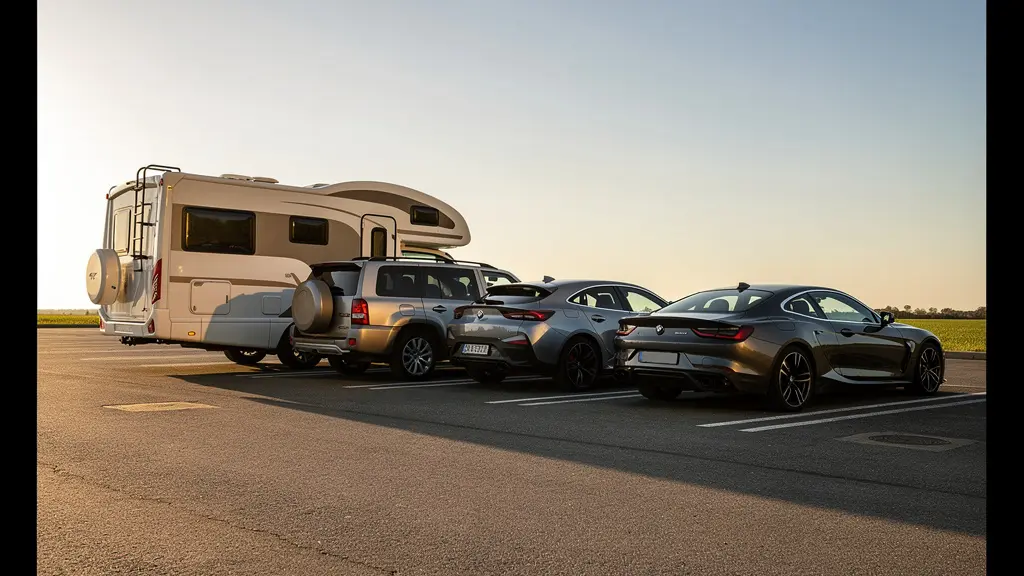 Composition photographique montrant différents types de véhicules vus de profil en perspective décroissante