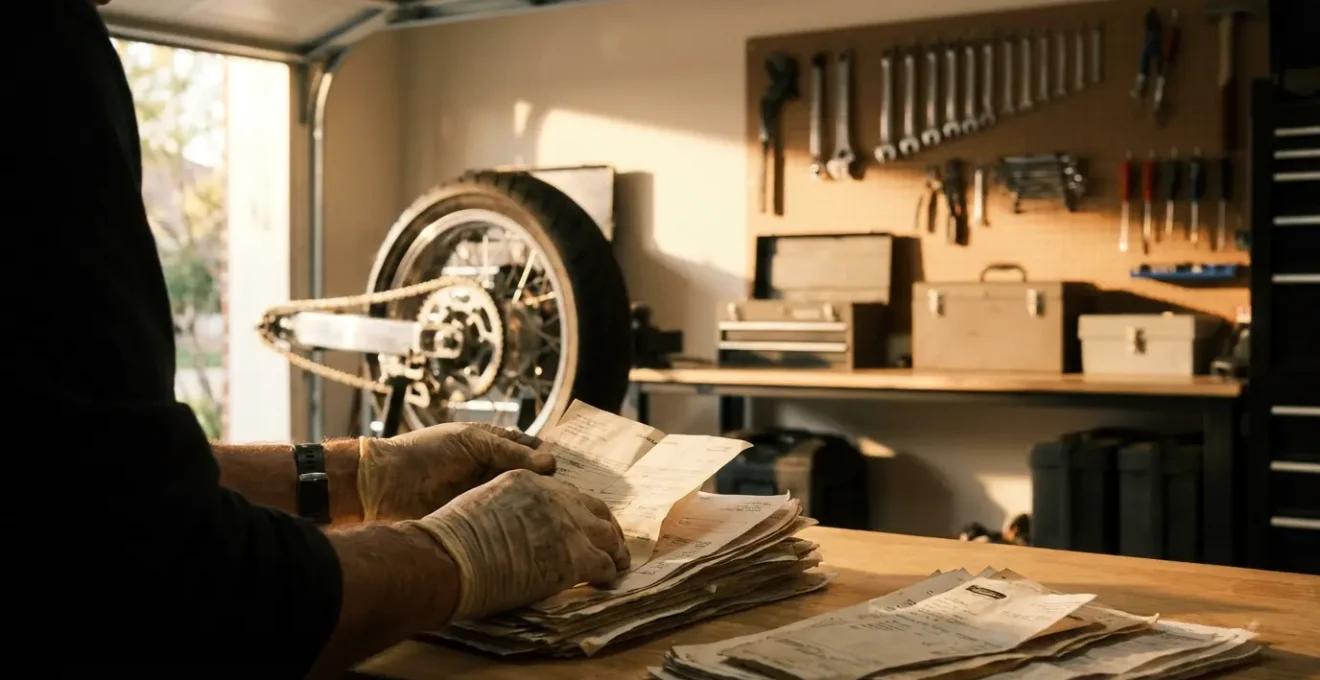 Vendeur de moto préparant méticuleusement un dossier d'entretien dans un garage éclairé