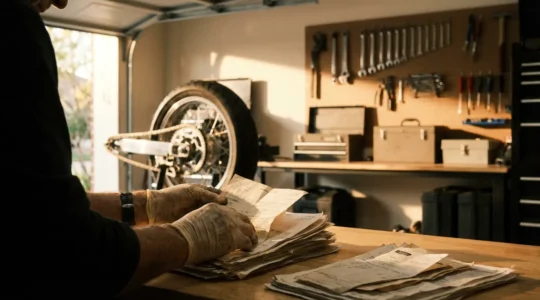 Vendeur de moto préparant méticuleusement un dossier d'entretien dans un garage éclairé