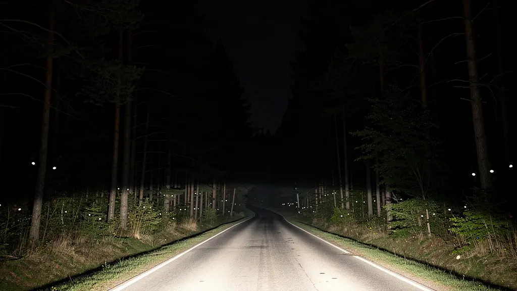 Vue conducteur balayant visuellement les bas-côtés sombres d'une route forestière