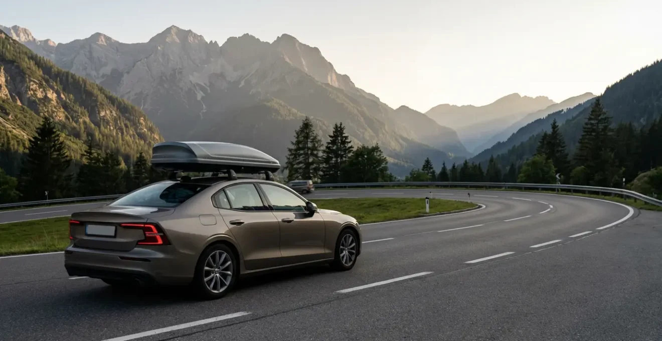 Berline chargée effectuant un dépassement sécurisé sur une route de montagne avec coffre plein et galerie de toit
