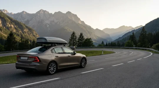 Berline chargée effectuant un dépassement sécurisé sur une route de montagne avec coffre plein et galerie de toit