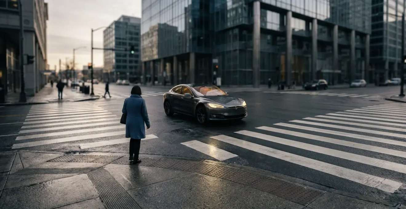 Scène urbaine montrant l'interaction dangereuse entre véhicule électrique silencieux et piéton distrait dans un environnement citadin dense