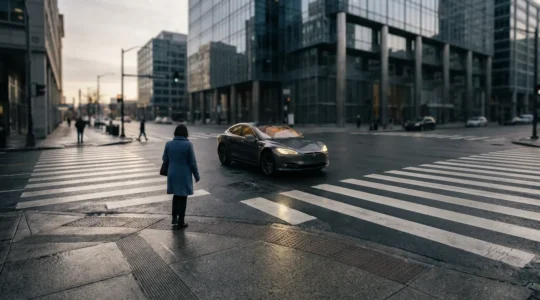 Scène urbaine montrant l'interaction dangereuse entre véhicule électrique silencieux et piéton distrait dans un environnement citadin dense
