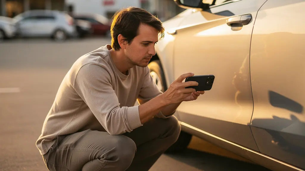 Personne filmant minutieusement les détails d'une voiture de location avec un smartphone en mode vidéo 4K