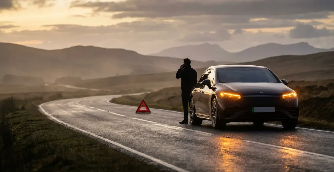 Voiture moderne en panne sur une route isolée avec triangle de signalisation et conducteur au téléphone