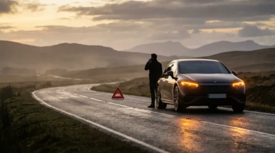 Voiture moderne en panne sur une route isolée avec triangle de signalisation et conducteur au téléphone