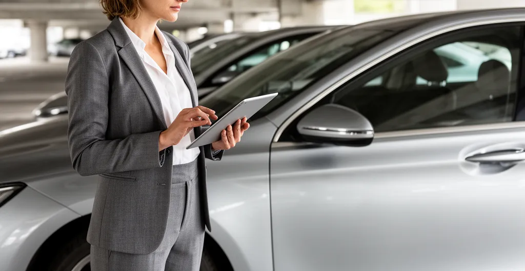 Employé réalisant un état des lieux sur tablette devant un véhicule de location