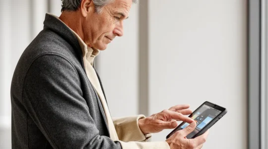 Gérant d'agence de location consultant une tablette devant son parc de véhicules