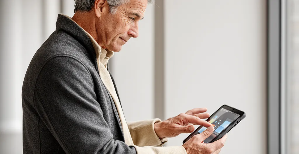 Gérant d'agence de location consultant une tablette devant son parc de véhicules