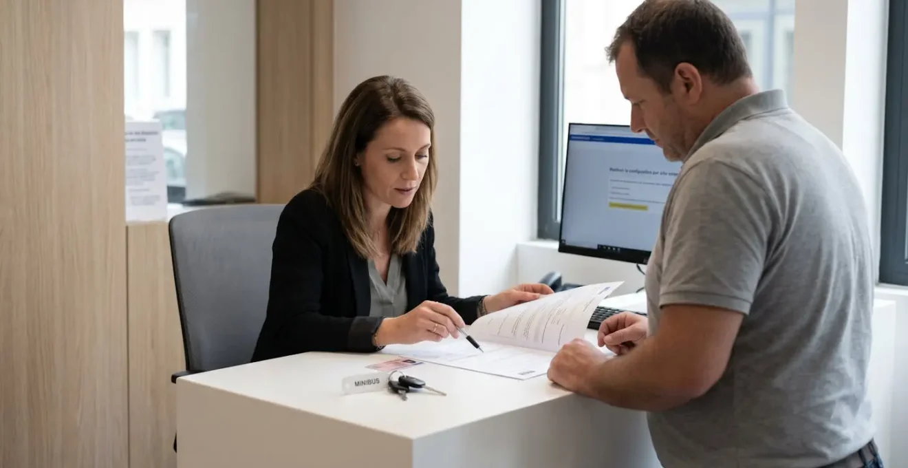 Employée d'agence de location vérifiant permis de conduire et contrat de location avec client à comptoir blanc moderne, documents et clés de minibus visibles, lumière naturelle douce