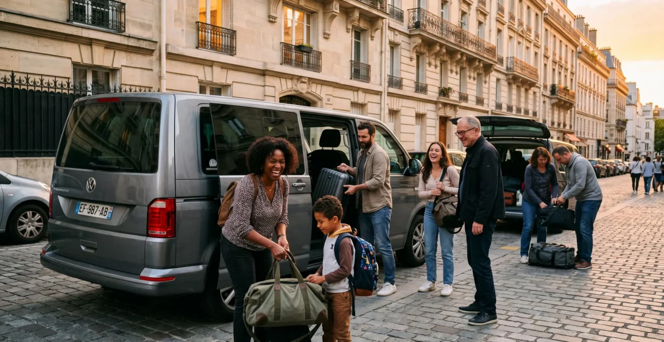 Groupe familial mixte de sept personnes préparant départ en minibus gris dans rue résidentielle parisienne avec immeubles haussmanniens, portières ouvertes, sacs de voyage visibles, lumière dorée fin d'après-midi