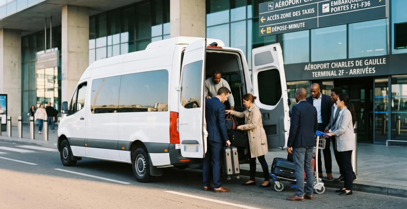 Groupe professionnel chargeant bagages dans minibus blanc moderne devant terminal aéroport Paris-Charles de Gaulle, architecture contemporaine vitrée en arrière-plan, lumière matinale naturelle