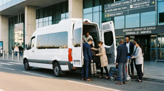 Groupe professionnel chargeant bagages dans minibus blanc moderne devant terminal aéroport Paris-Charles de Gaulle, architecture contemporaine vitrée en arrière-plan, lumière matinale naturelle