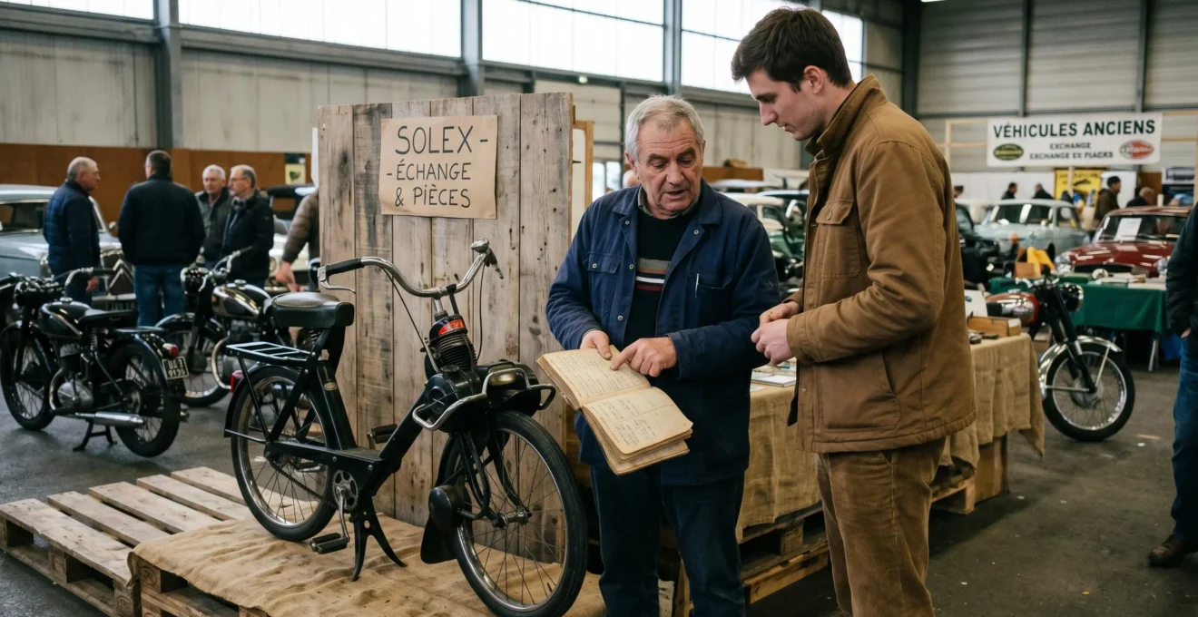 Deux passionnés discutant autour d'un Solex lors d'une bourse d'échange, l'un consultant un carnet d'entretien dans une ambiance de transaction sécurisée