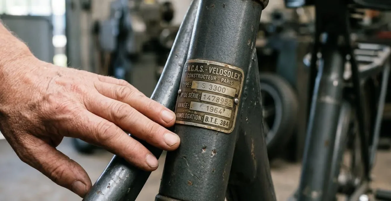 Gros plan sur la plaque constructeur d'un Solex montrant le numéro de série et les références du modèle, main vérifiant l'authenticité