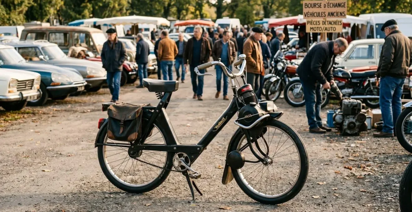 Solex 3800 en état d'origine garé lors d'une bourse d'échange de véhicules anciens, lumière naturelle mettant en valeur les détails du véhicule vintage
